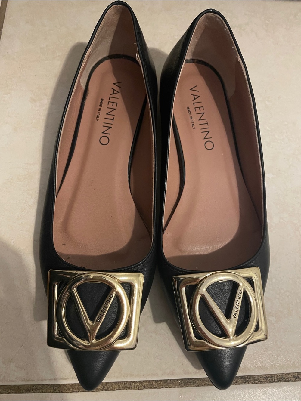 Valentino Black Leather Pointed Toe Flats with Gold Logo Plaque